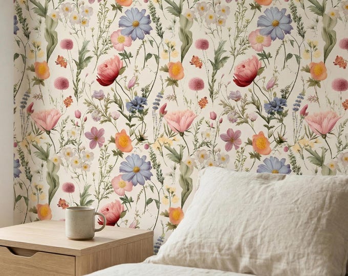 Vintage Floral Wallpaper, Cottagecore Botanical Peel and Stick, Muted Wildflower Nursery Wall Decor