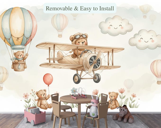 Teddy Bear Aviation Nursery Wallpaper Mural, Pastel Balloon Peel and Stick Decal