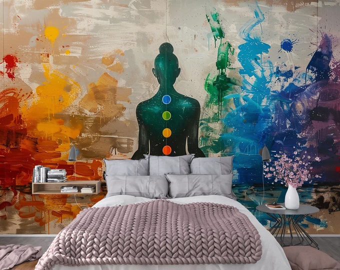 Zen Chakra Meditation Peel and Stick Wallpaper, Spiritual art peel and stick tile wallpaper, Removable self adhesive wallpaper