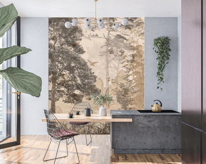 Forest Scene Peel and Stick Canvas Wallpaper, Nature-Inspired Wall Mural,Removable Self-Adhesive Wall Art for Living Room or Bedroom