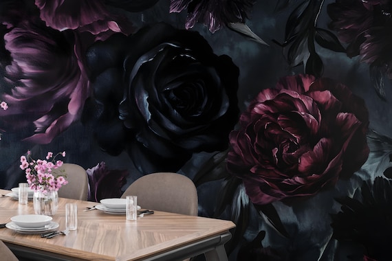 Moody Gothic Rose Wallpaper Mural: Black & Red Floral, Peel and