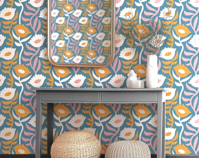 Modern Nordic Scandinavian Floral Wallpaper – Boho Peel and Stick or Traditional Wallpaper, Flower Wall Decor, Kids Room Wallpaper
