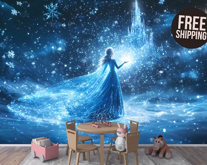 Ice Princess Nursery Peel and Stick Wallpaper Mural Decal - Magical Frozen Inspired Wall Mural for Playroom or Children's Room