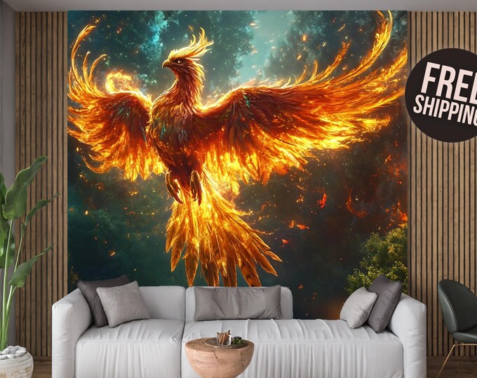 Fantasy Fire Bird Phoenix Forest Peel and Stick Wallpaper Mural Decal for Living Room or Office Decor - Canvas Vinyl, Non-Woven Paper