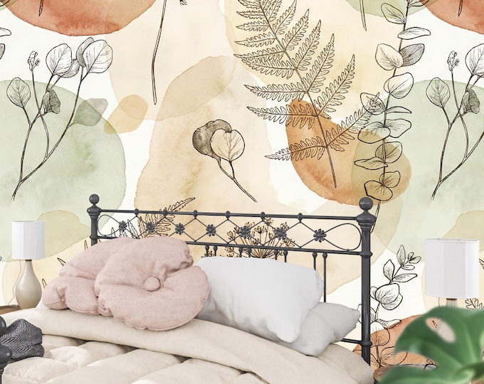 Watercolor Botanical Wallpaper – Neutral Sage Boho Wall Decor