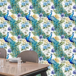 Carta da parati murale con motivo floreale a pavone acquerello / rimovibile, staccabile e attaccabile o preincollabile / Decorazione murale Boho Glam di lusso per soggiorno, camera da letto, sala da pranzo