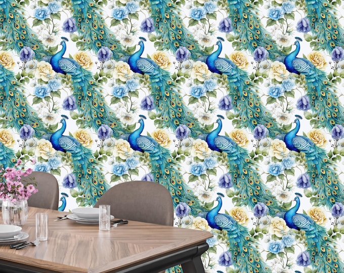 Watercolor Peacock Floral Wallpaper Mural | Removable Peel & Stick or Prepasted | Lux Boho Glam Wall Decor for Living Room, Bedroom, Dining