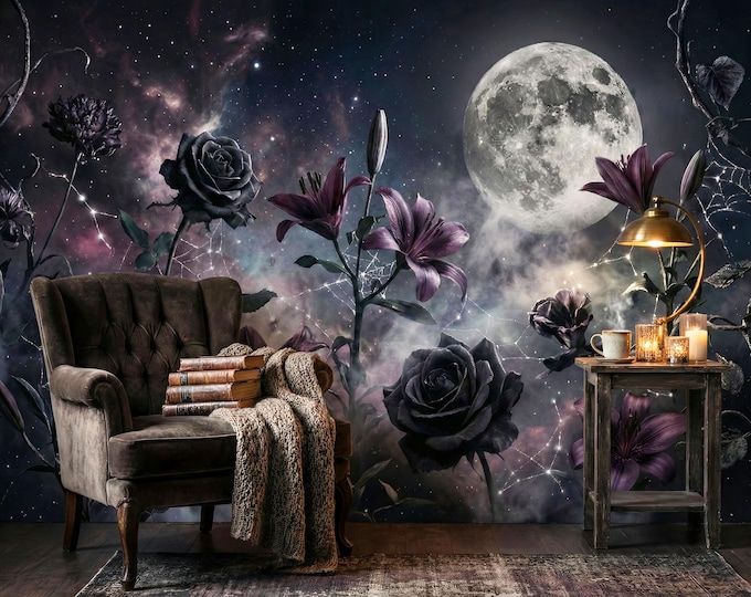 Gothic Floral Moon Wallpaper – Dark Night Garden Celestial Mural