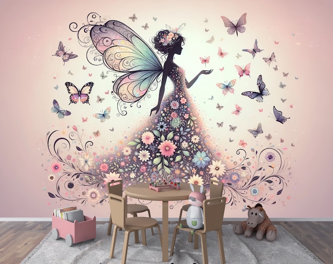 Pink Fairy Garden Girls Nursery Peel and Stick Wallpaper Decal Mural, Girl's Room Decoration, Removable Wallpaper