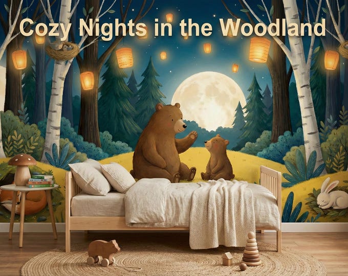 Bear Nursery Mural Woodland Animals Wallpaper Peel and Stick Removable Decor