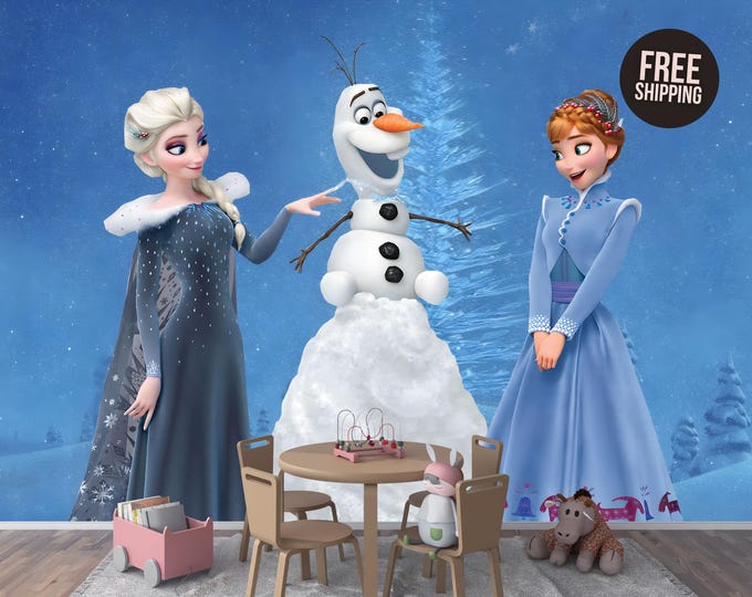 Nursery Frozens Elsa, Anna & Olafs Wall Mural Wallpaper Decal – Winter Wonderland Peel and Stick Wallpaper for Kids Room or Nursery Décor