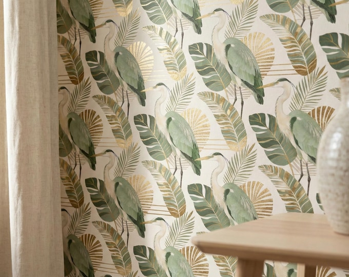 Sage Green Heron Wallpaper, Elegant Botanical Leaves Peel & Stick Mural for Bedroom Living Room