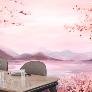 Cherry Blossom Wall Mural Wallpaper,Japanese Pink Landscape Wallpaper – Elegant Floral Scenery – Romantic Art for Bedroom or Spa