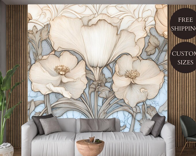Textured Vintage Blue Floral Peel and Stick Wallpaper Mural – Self-Adhesive, or Non-Woven–Perfect for Living Rooms, Bedrooms or Accent Walls