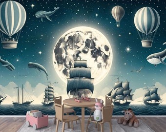 Mariners au clair de lune - Papier peint autocollant lunatique baleine et bateau pour chambre d'enfant