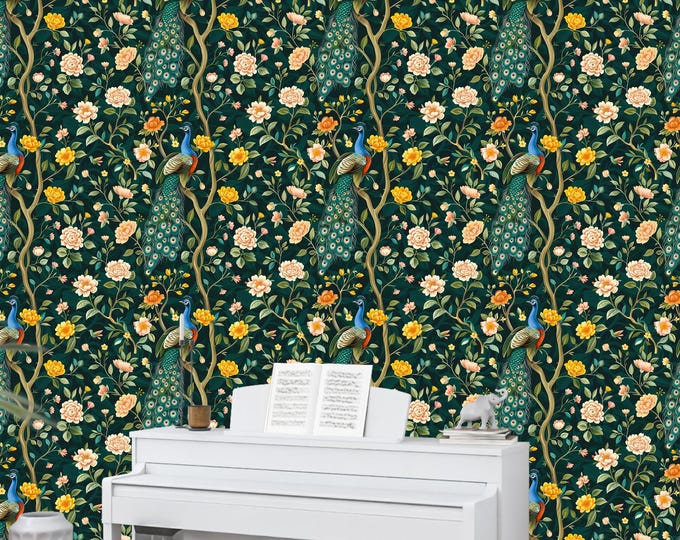 Moody Luxury Vintage Peacock Wallpaper | Dark Botanical Floral Mural | Chinoiserie Removable Wallpaper | Peel & Stick or Traditional Decor