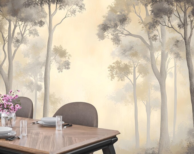 Neutral Forest Wallpaper Mural – Misty Woodland Wall Art, Scandinavian Minimalist, Modern Beige Trees, Peel & Stick, Living Room or Bedroom