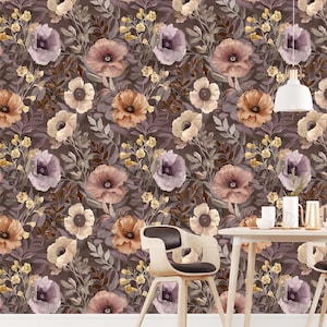 Carta da parati botanica smorzata – Fiori selvatici vintage e malinconici da staccare e attaccare / Decorazione murale accogliente in stile cottage e fattoria per camera da letto e soggiorno