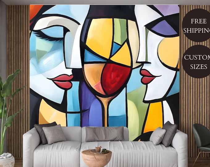 Modern Colorful Abstract Cubist Wall Art Wallpaper Mural Decal – Peel and Stick for Contemporary Home Decor, Living Room or Bedroom