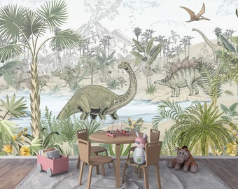 Carta da parati Peeland Stick del Dinosaur Jungle Paradise, decorazione murale della giungla dei dinosauri, decorazione da parete a tema avventura per le camerette dei bambini