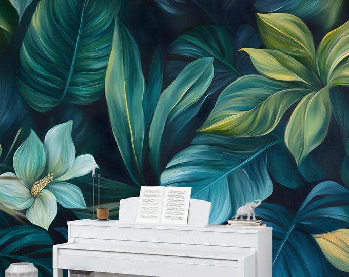 Tropical Leaf Wallpaper – Teal Jungle Botanical Wall Mural – Bold Exotic Rainforest Wallpaper – Peel and Stick or Traditional