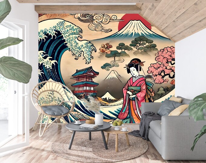 Japanese Art Peel and Stick Wallpaper, Geisha and Wave Design, Removable Canvas, Elegant Wall Decor