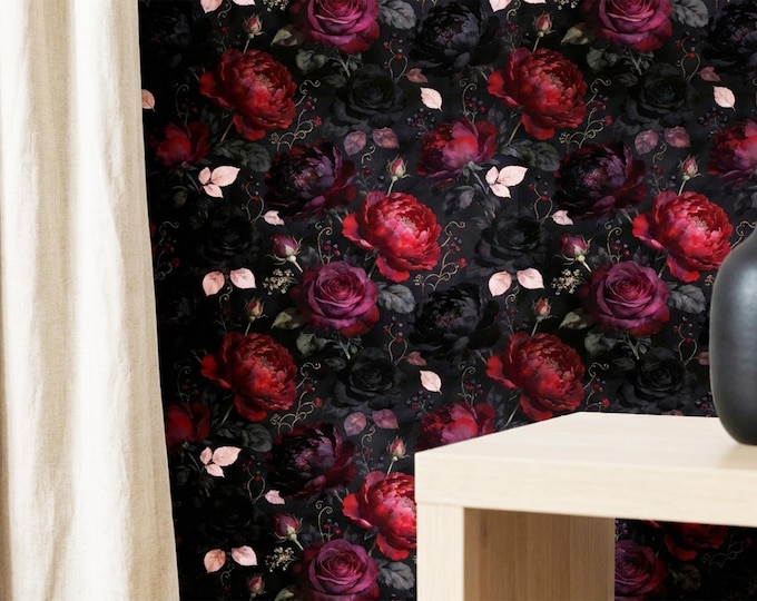 Moody Dark Floral Wallpaper, Burgundy Peony Rose Gothic Peel and Stick Wall Mural