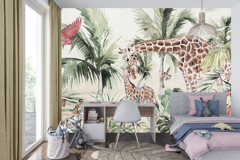 Jungle Wallpaper for child with Safari Wildlife animals Peel and Stick Wallpaper, Animals Wall Mural, Removable Wallpaper,Animated wallpaper image 4