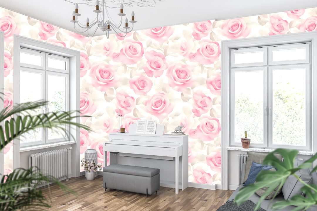 Chic Vintage Pink Rose Floral Wallpaper Mural - Elegant Peel and Stick ...
