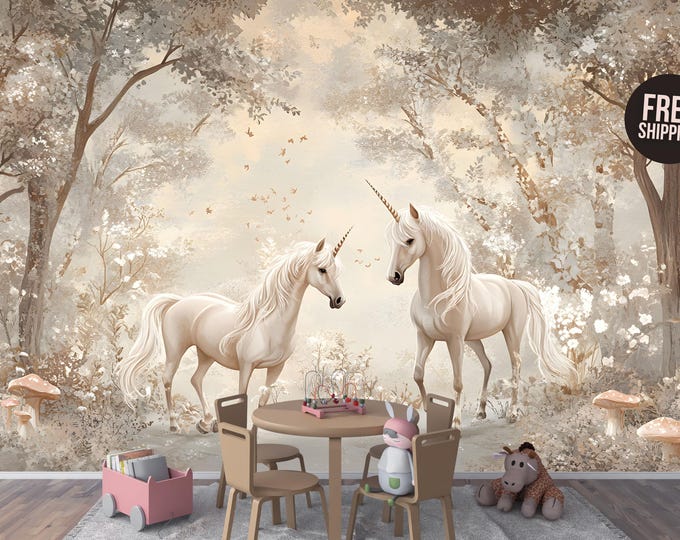 Pastel Unicorn Forest Wallpaper Mural - Woodland Wall Covering for Bedrooms, Nurseries, and Accent Walls - Peel and Stick or Prepasted