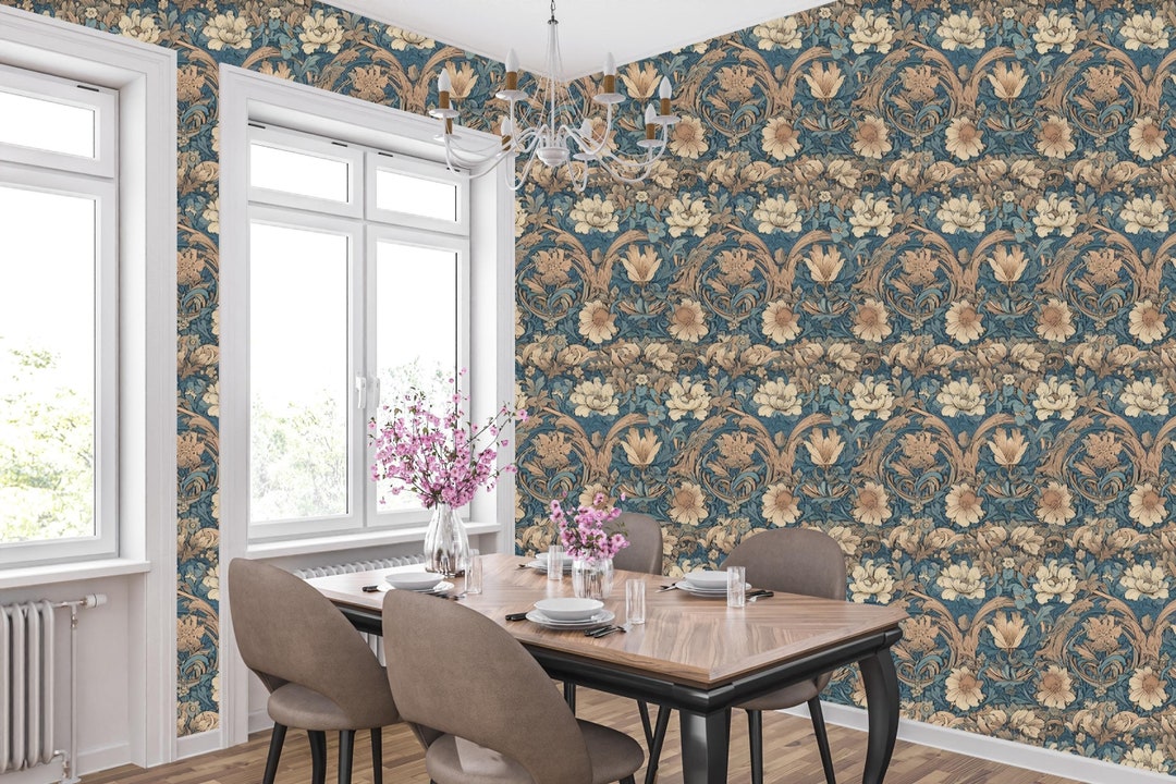 Vintage Art Deco Botanical Wallpaper Mural Decal - Blue and Gold Floral