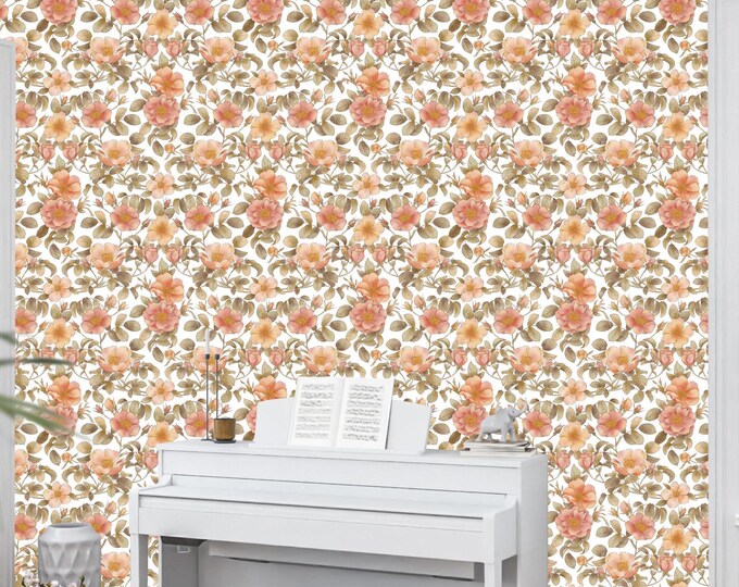 Vintage Botanical Pink Floral Wallpaper Mural, Rose Flower Pattern, Retro Peel and Stick or Traditional Home Decor Bedroom or Living Room