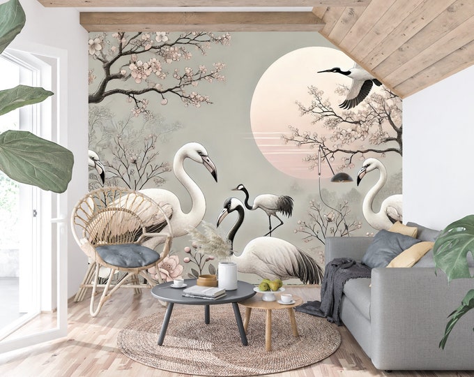Elegant Flamingos and Cranes Peel and Stick Wallpaper - Serene Asian Landscape with Red Sun and Cranes - Removable Wall Mural for Home Decor