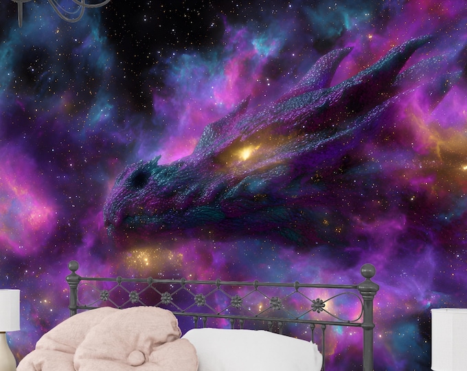Galaxy Dragon Wallpaper – Purple Nebula Wall Mural for Bedroom, Nursery or Game Room | Peel and Stick or Paste Sci-Fi Decor