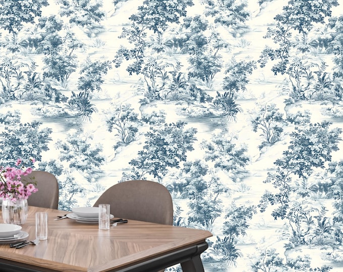 French Country Wallpaper – Blue Botanical Toile Mural | Chinoiserie Peel and Stick or Paste Wallpaper | Vintage Floral Wall Decor