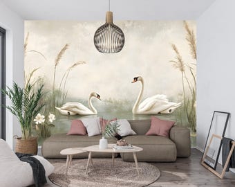 Swan Pond Scene Wallpaper Mural: Peel and Stick Decal