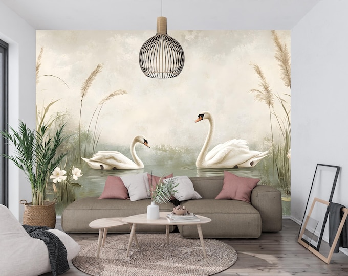 Pond Swan Scene Landscape Peel and Stick Wallpaper Mural Decal - Swans, Reeds and Cattails for Bedroom or Living Room
