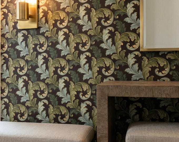 Baroque Acanthus Leaf Wallpaper, Green and Gold Peel and Stick Vintage Wall Mural