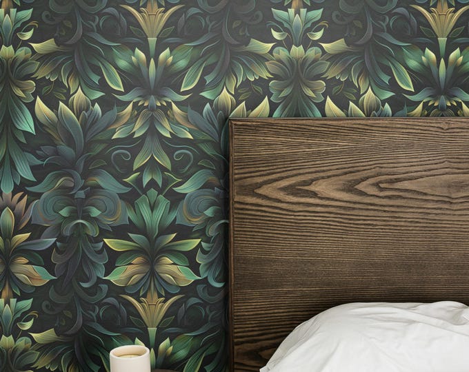 Dark Floral Wallpaper | Baroque Botanical Wall Mural in Emerald and Gold | Peel & Stick or Paste | Custom Sizes