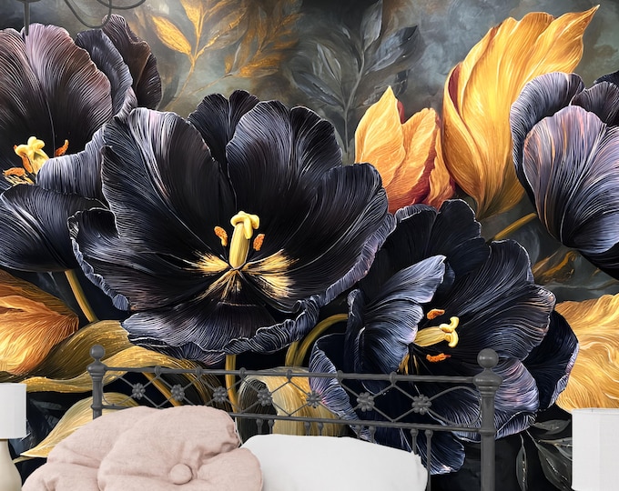 Luxurious Dark Black & Gold Floral Wallpaper, Tulip Wall Mural for Elegant Interiors, Peel and Stick or Prepasted