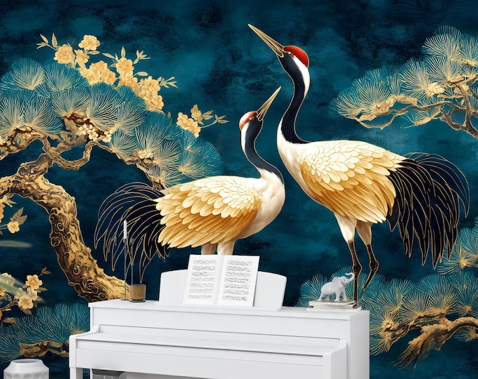 Traditional Japanese Crane Pine Tree Wallpaper – Oriental Gold Wall Mural – Hand Painted Art in Peel and Stick or Prepasted