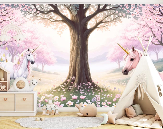 Pink Unicorn Wallpaper Mural: Peel and Stick Nursery Decor