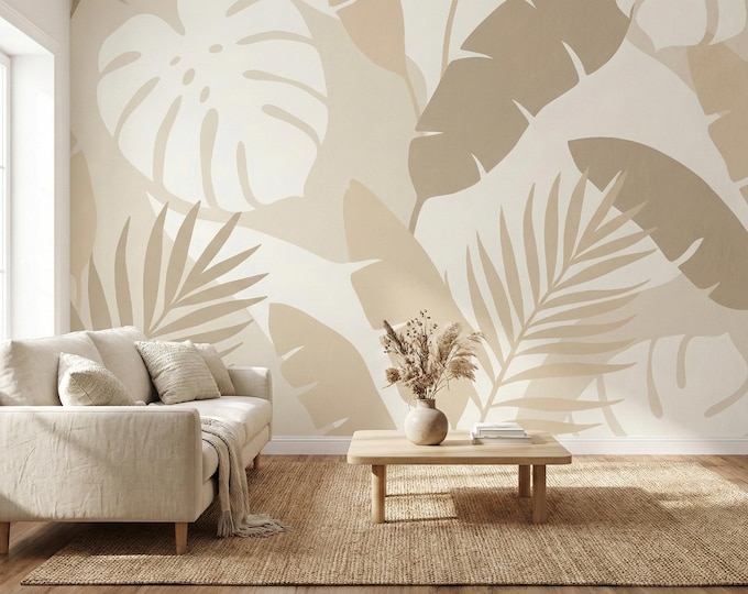 Neutral Beige Botanical Banana Leaf Wallpaper Mural for Serene Interiors