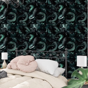 Lush Gothic Botanical Wallpaper: Dark Green Snake & Succulent Mural for Moody Interiors