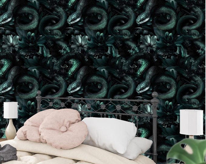 Lush Gothic Botanical Wallpaper: Dark Green Snake & Succulent Mural for Moody Interiors