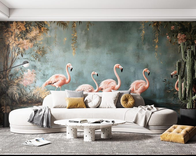 Vintage Flamingo Pink Retro Bird Wallpaper Mural, Luxury Tropical Wall Decor Removable Peel and Stick or Permanent Traditional Wallpaper