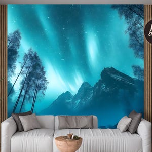 Aurora Borealis Peel and Stick Wallpaper Mural: Blue Northern Lights Decal