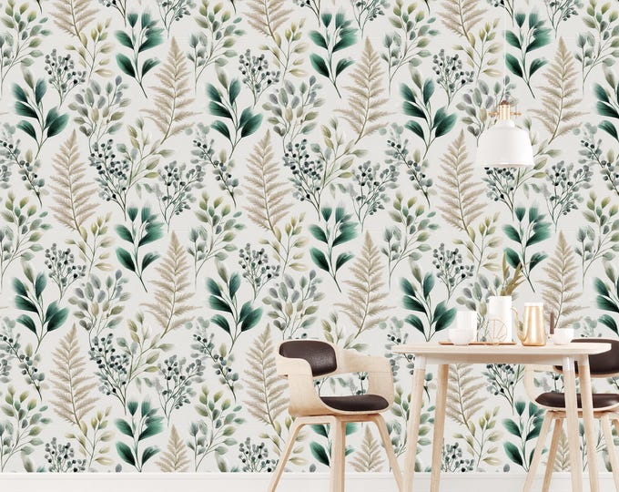 Neutral Botanical Wallpaper – Watercolor Leaf Peel Stick Mural | Japandi Style Wall Decor with Sage and Beige Tones for Bedroom & Entryway