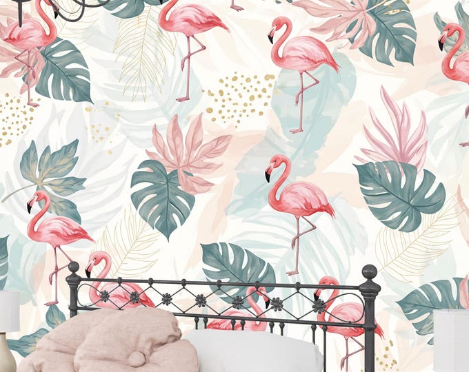 Flamingo Nursery Wallpaper Peel and Stick, Girls Room Decor, Pastel Tropical Removable Wallpaper, Watercolor Subtle Jungle Animal Mural