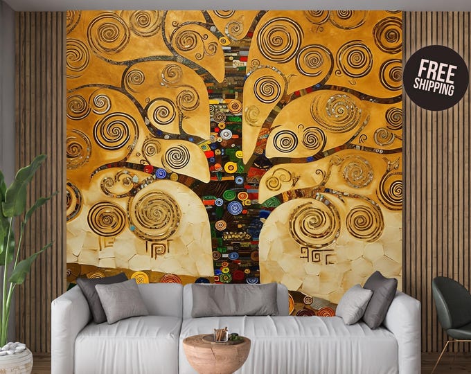 Gustav Klimt Tree of Life Wallpaper Mural Decal - Art Nouveau Peel and Stick for Living Room, Bedroom or Office, Removable Wall Decor